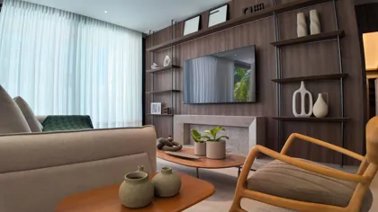 Sala de estar e painel de TV — foto real do apartamento decorado
