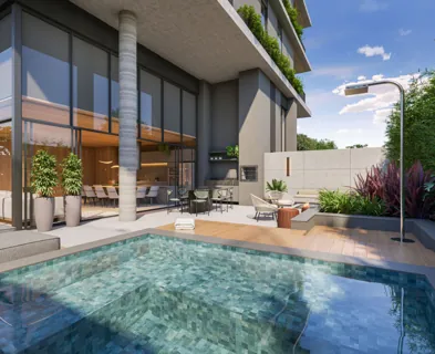 Piscina aquecida e integração com o lazer — perspectiva ilustrativa