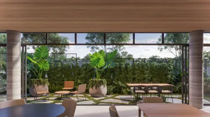 Jardim junto ao salão de festas — perspectiva ilustrativa