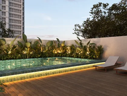 Piscina e deck de lazer — perspectiva ilustrativa